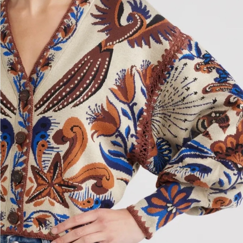 FARM Rio Floral Jacquard Button-Front Cardigan in Cream, Brown & Blue - Picture 4 of 7